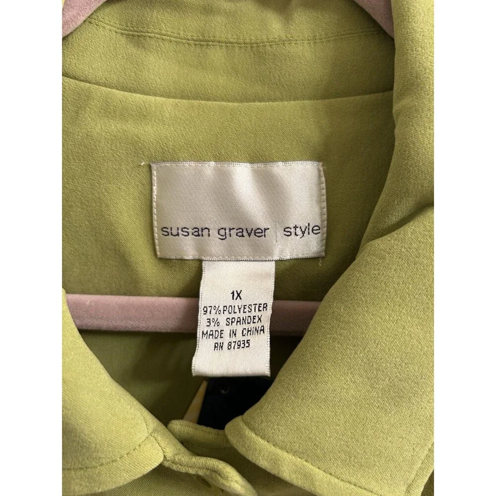 Susan Graver Women’s Green Long Sleeve Microsuede Button Up Top 1X Casual Career - Picture 7 of 7